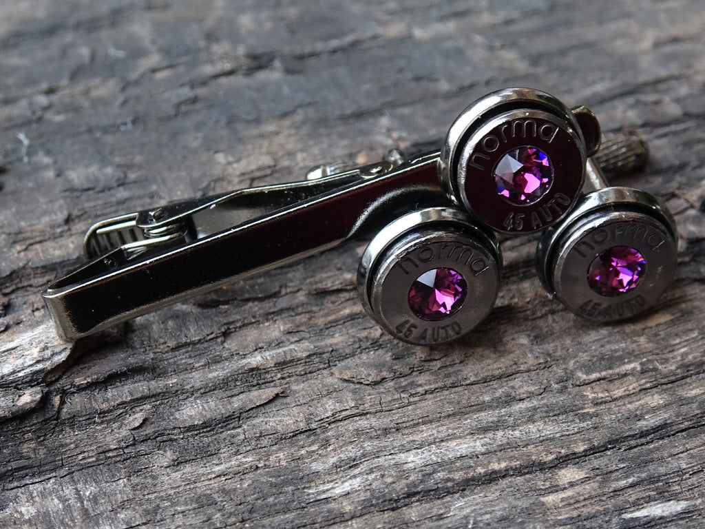 Bullet cufflinks & tie clip set gun metal amethyst (etsy image id: 5815567700)