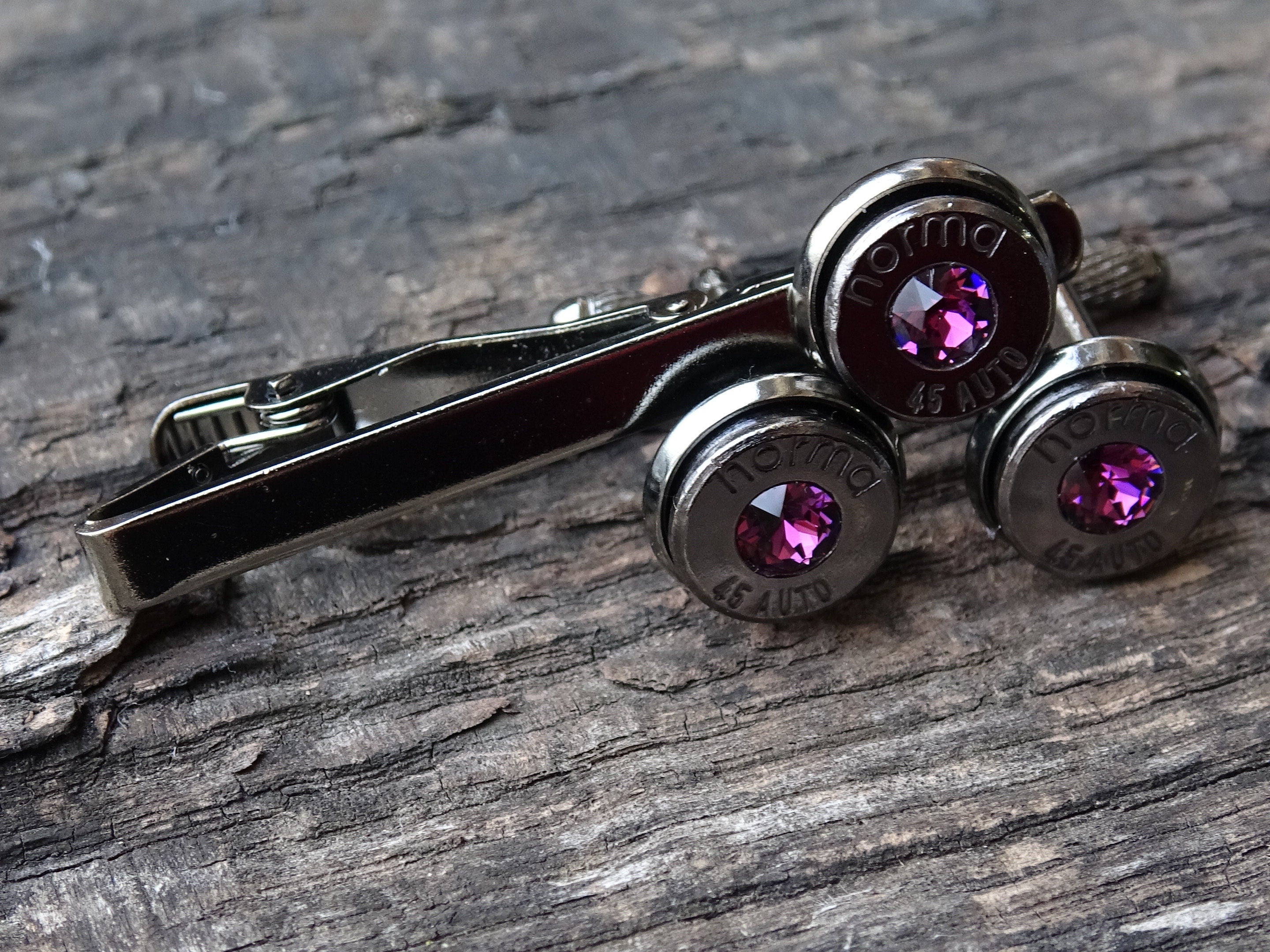 Bullet cufflinks & tie clip set gun metal amethyst (etsy image id: 5815567700)