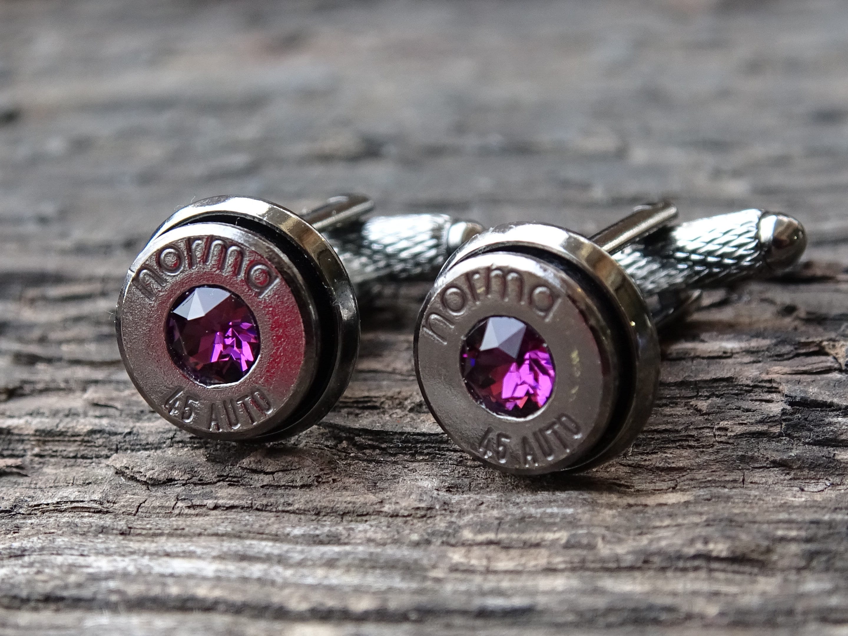 Bullet cufflinks .45 ACP gun metal amethyst (etsy image id: 5815576264)