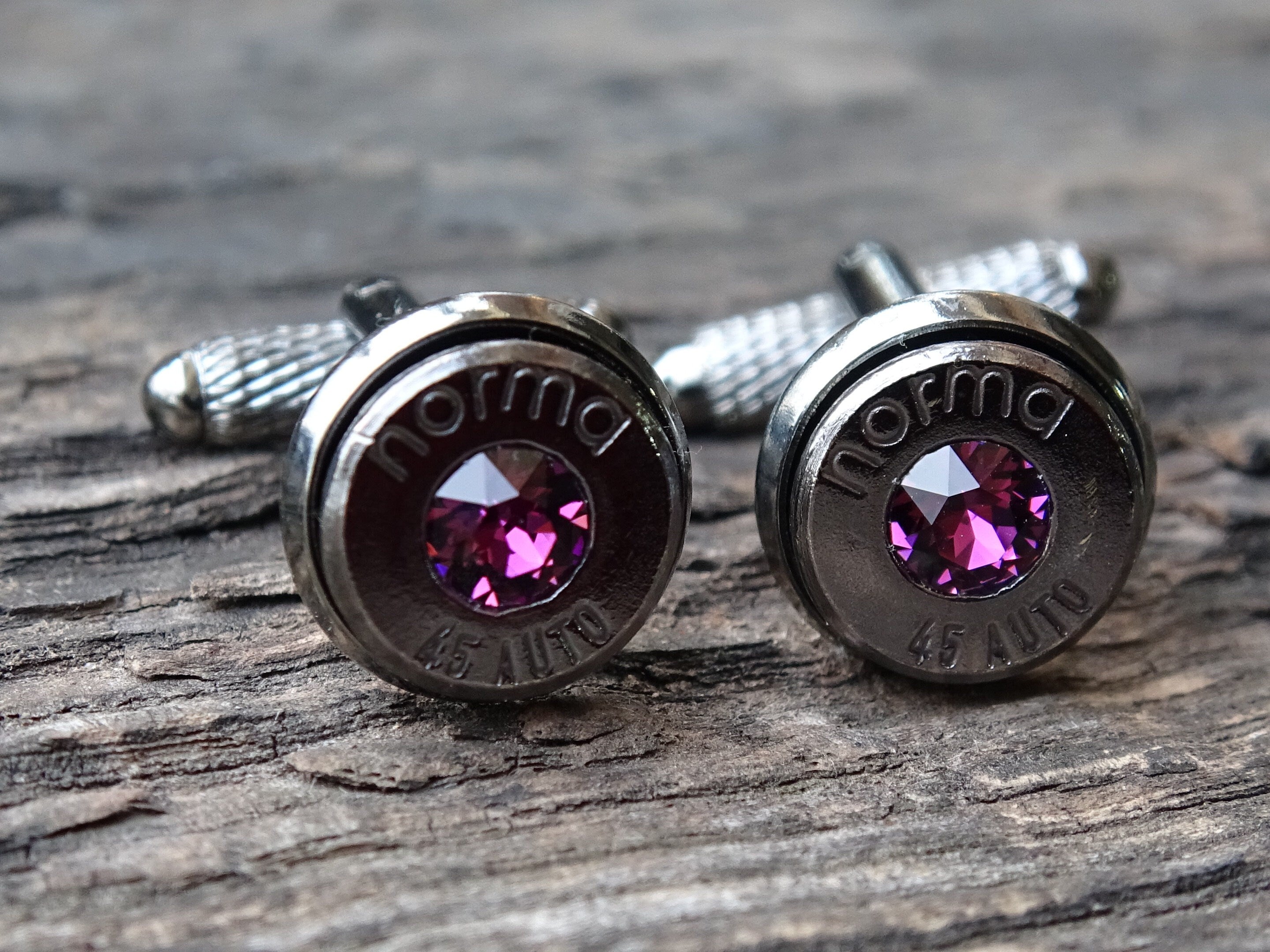 Bullet cufflinks .45 ACP gun metal amethyst (etsy image id: 5815576370)