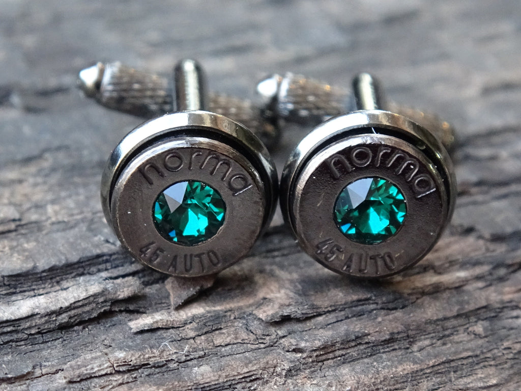 Bullet cufflinks & tie clip set gun metal emerald (etsy image id: 5815594914)