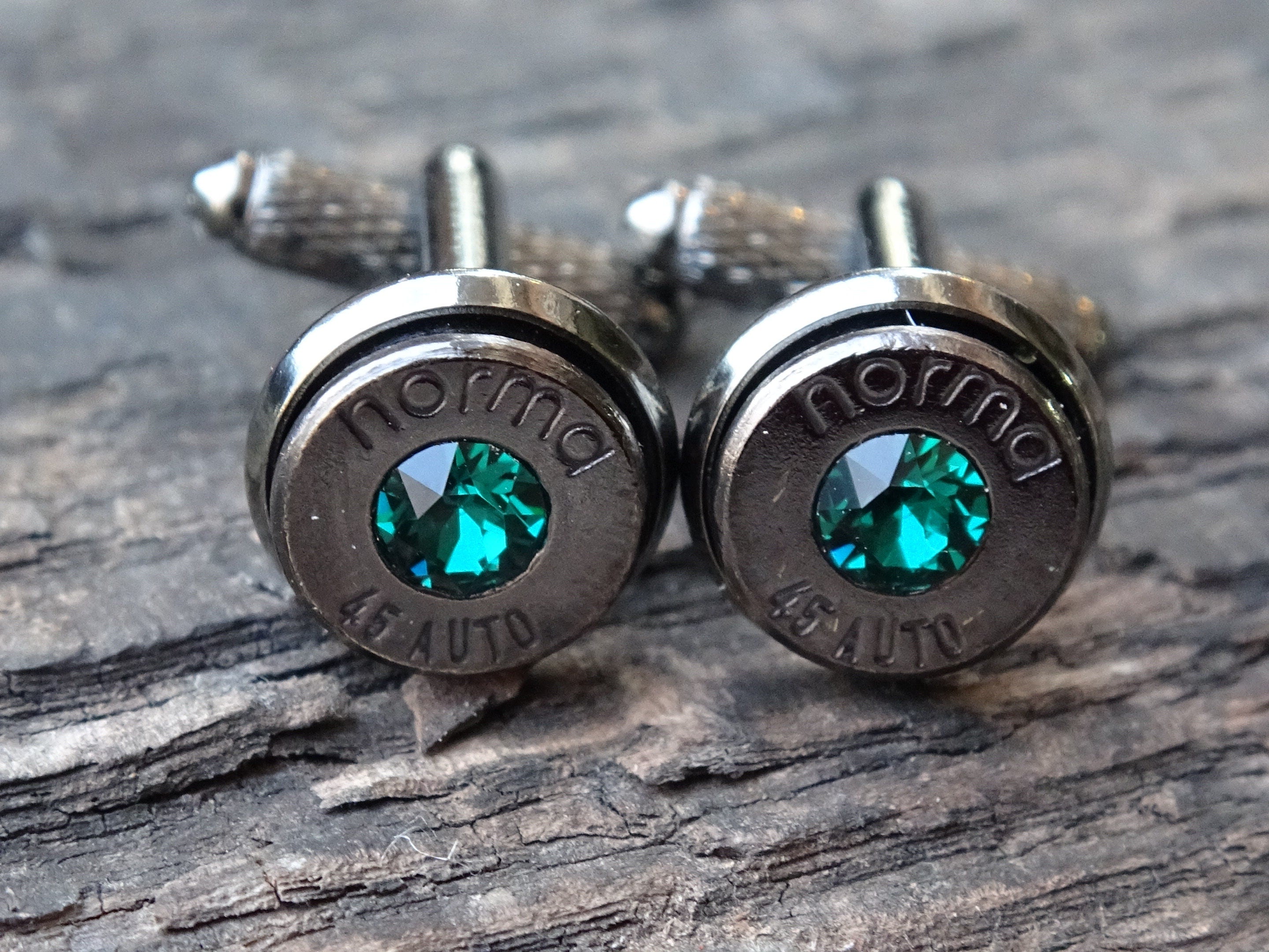 Bullet cufflinks & tie clip set gun metal emerald (etsy image id: 5815594914)