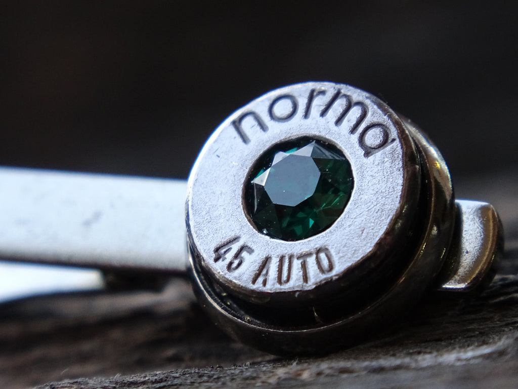 Bullet cufflinks & tie clip set gun metal emerald (etsy image id: 5815595626)