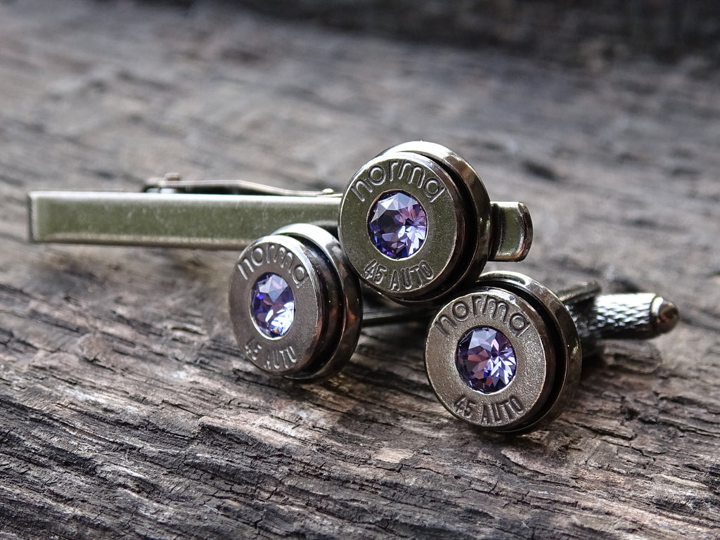 Bullet cufflinks & tie clip set gun metal tanzanite (etsy image id: 5815628838)