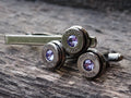 Bullet cufflinks & tie clip set gun metal tanzanite (etsy image id: 5815628838)