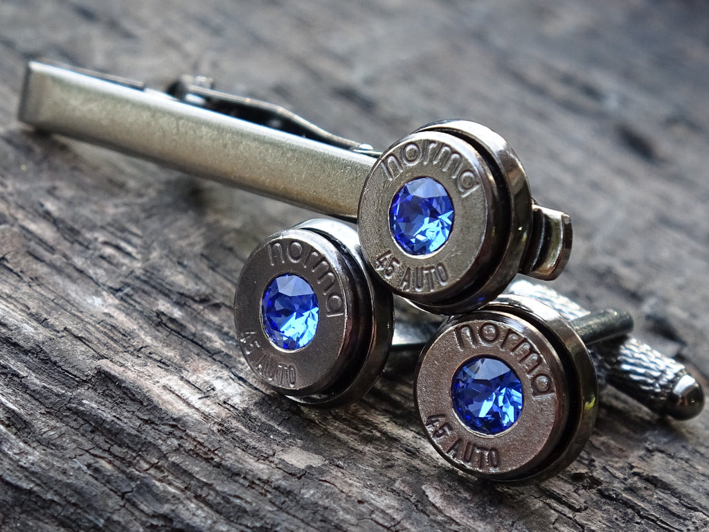 Bullet cufflinks & tie clip set gun metal sapphire (etsy image id: 5815690378)