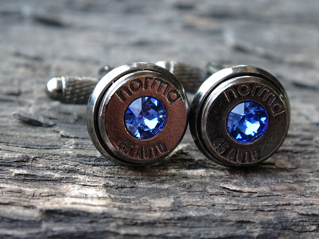 Bullet cufflinks .45 ACP gun metal sapphire (etsy image id: 5815700832)