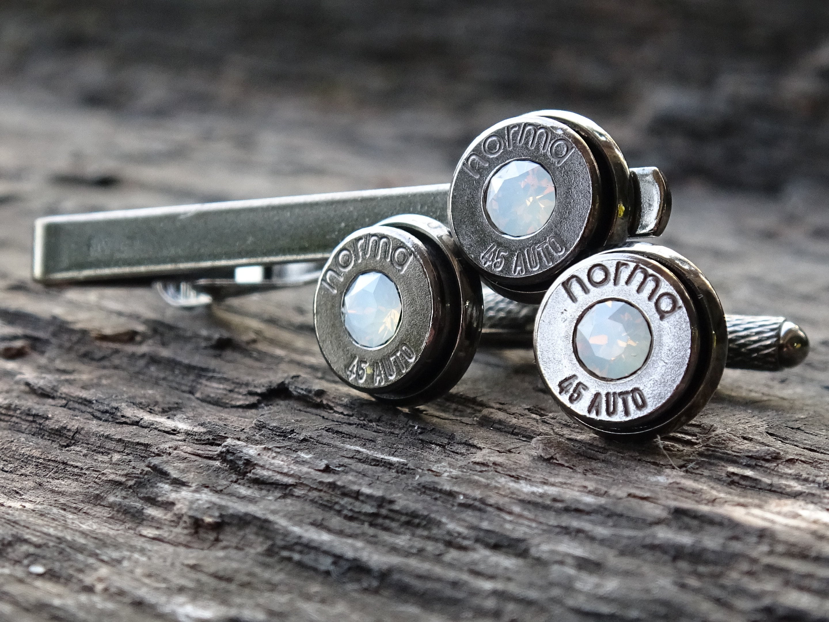 Bullet cufflinks & tie clip set gun metal opal (etsy image id: 5815713916)