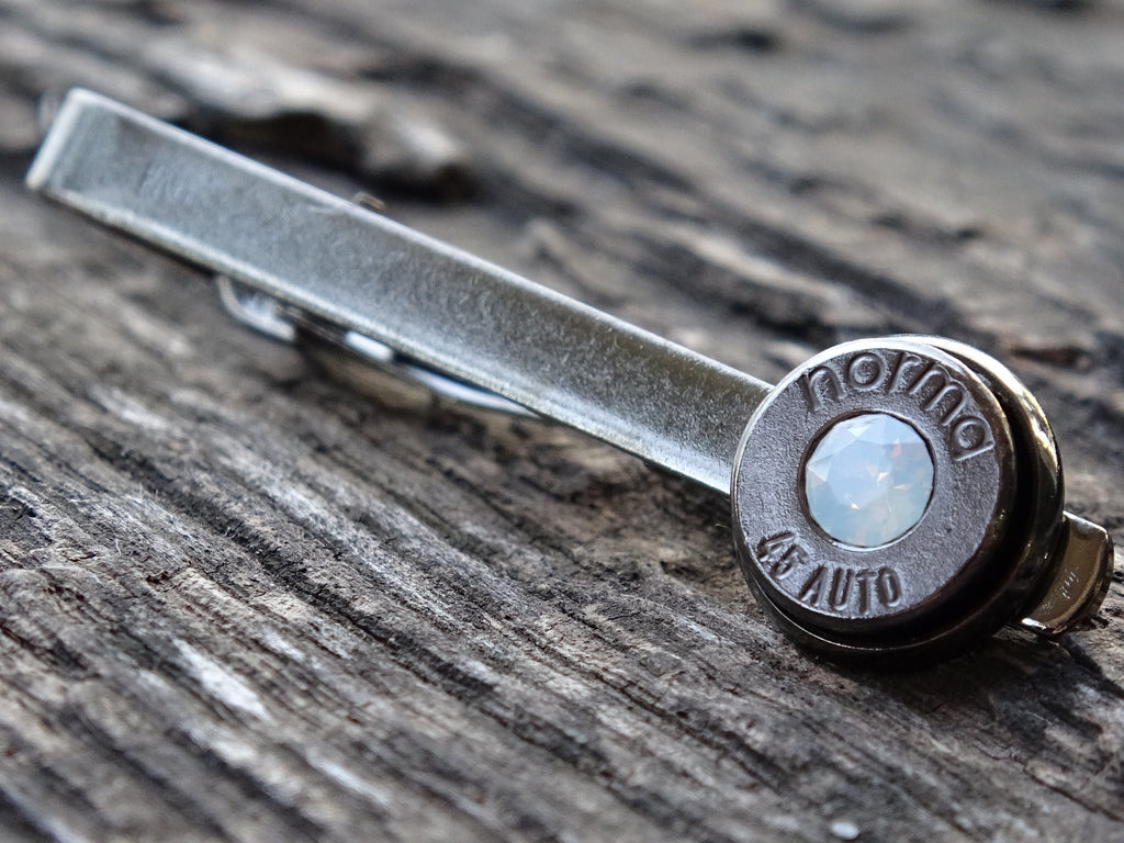 Bullet cufflinks & tie clip set gun metal opal (etsy image id: 5815715054)