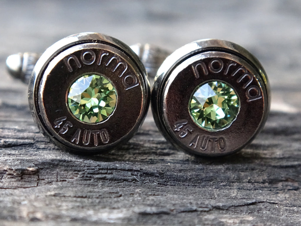 Bullet cufflinks .45 ACP gun metal peridot (etsy image id: 5815734636)