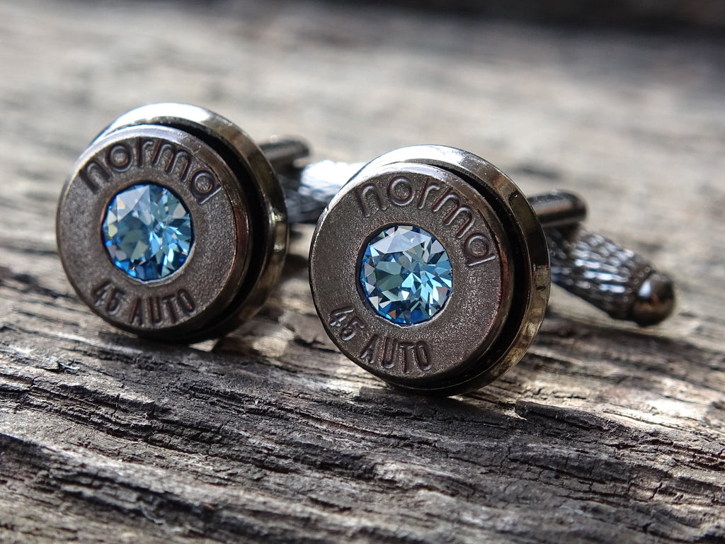 Bullet cufflinks & tie clip set gun metal aquamarine (etsy image id: 5815745350)
