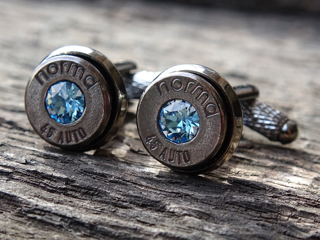 Bullet cufflinks .45 ACP gun metal aquamarine (etsy image id: 5815750928)