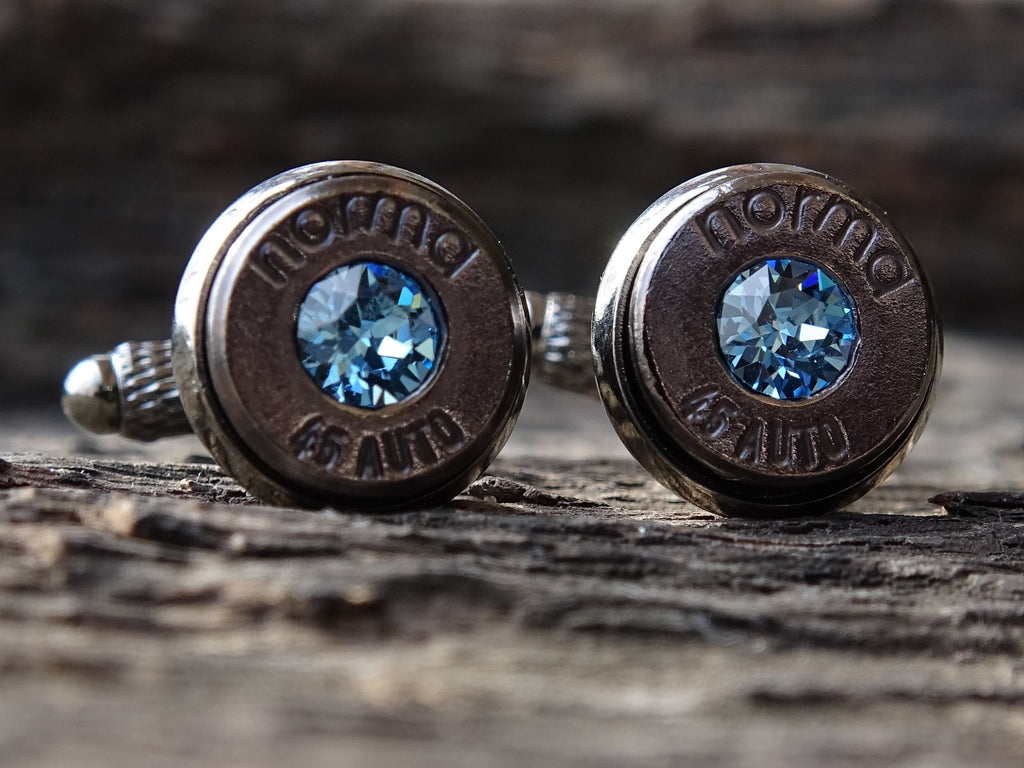 Bullet cufflinks .45 ACP gun metal aquamarine (etsy image id: 5815751080)