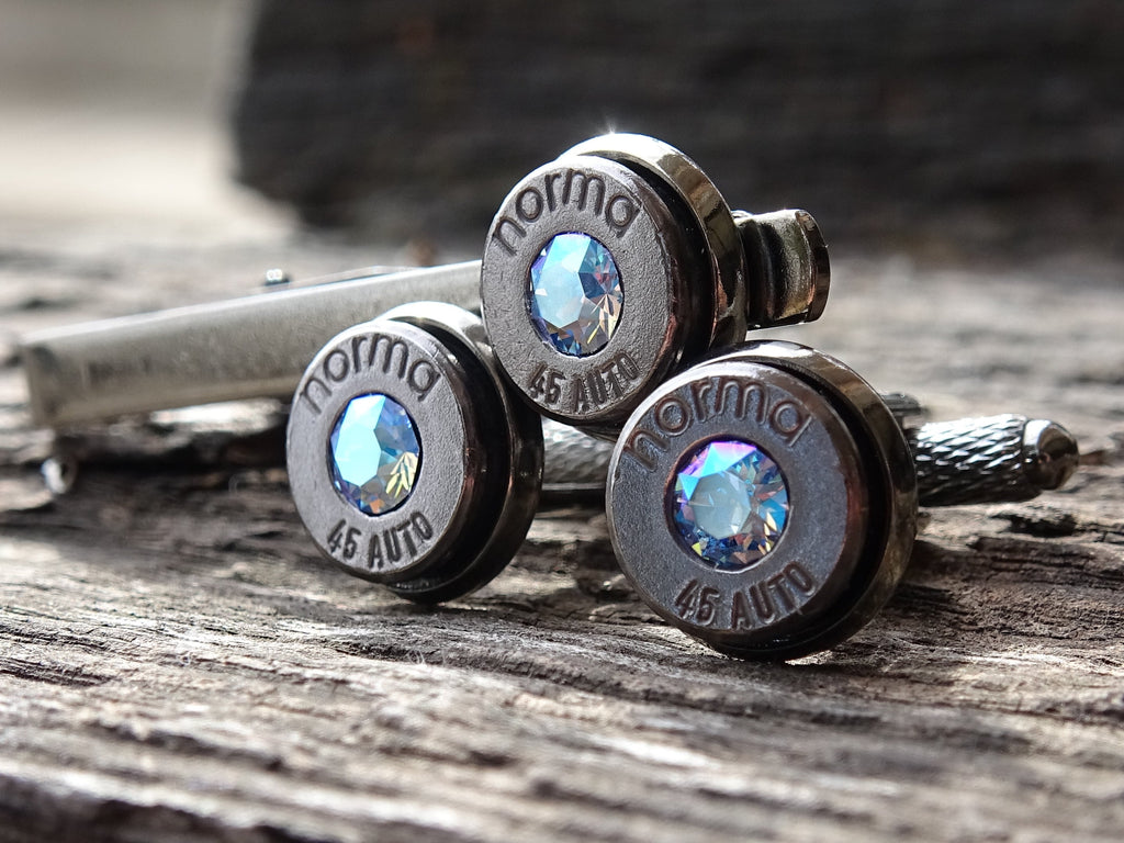 Limited edition Bullet cufflinks & tie clip set gun metal sapphire shimmer (etsy image id: 5815765154)