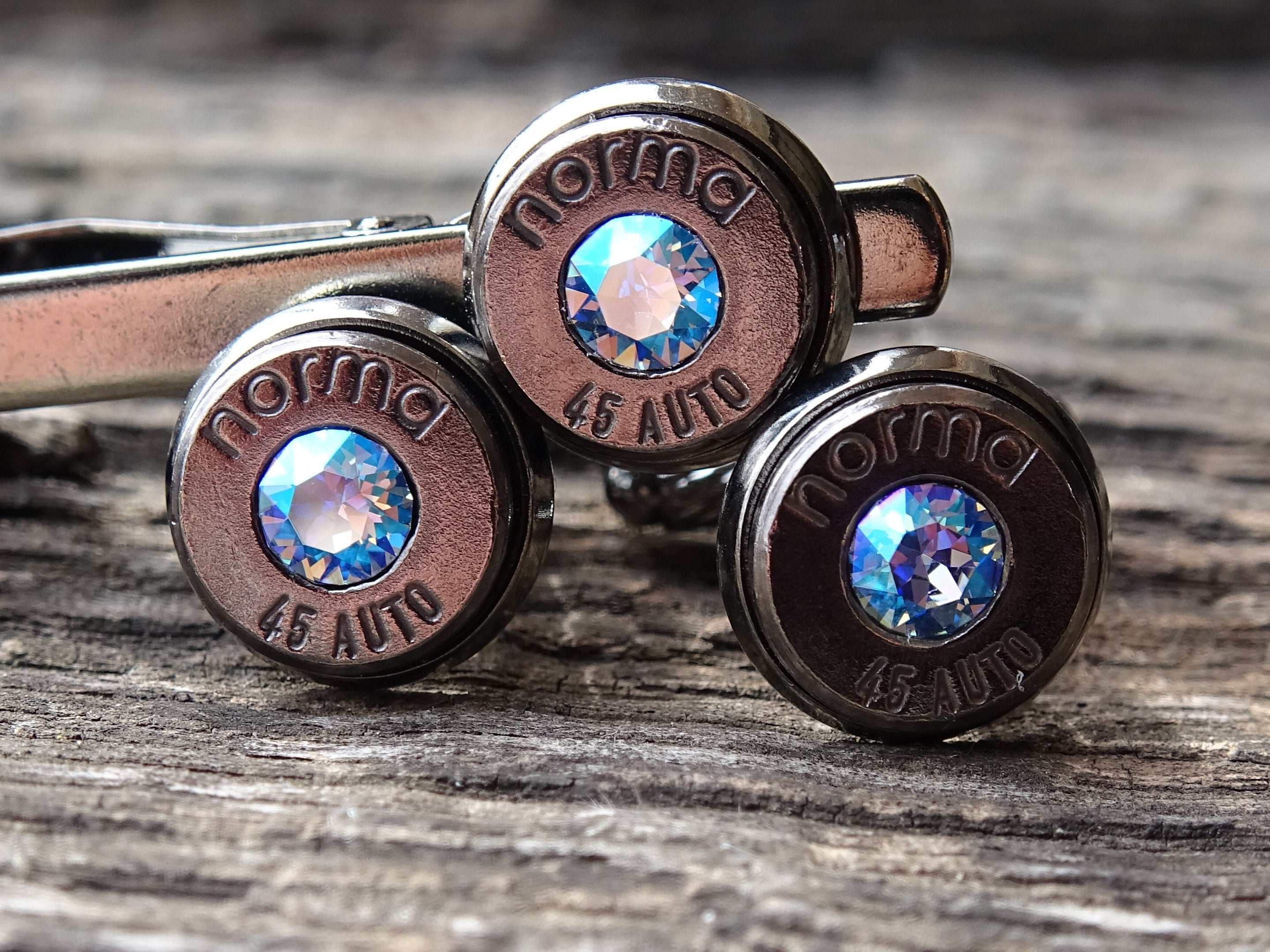 Limited edition Bullet cufflinks & tie clip set gun metal sapphire shimmer (etsy image id: 5815765364)