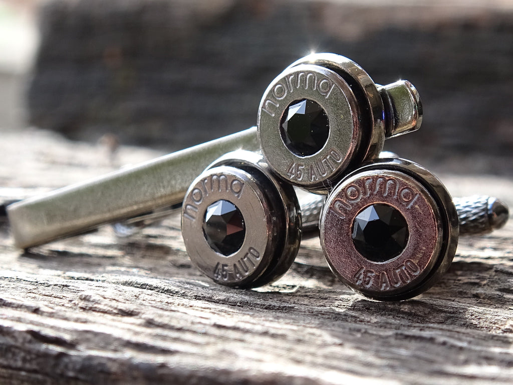 Bullet cufflinks & tie clip set gun metal onyx (etsy image id: 5815793438)