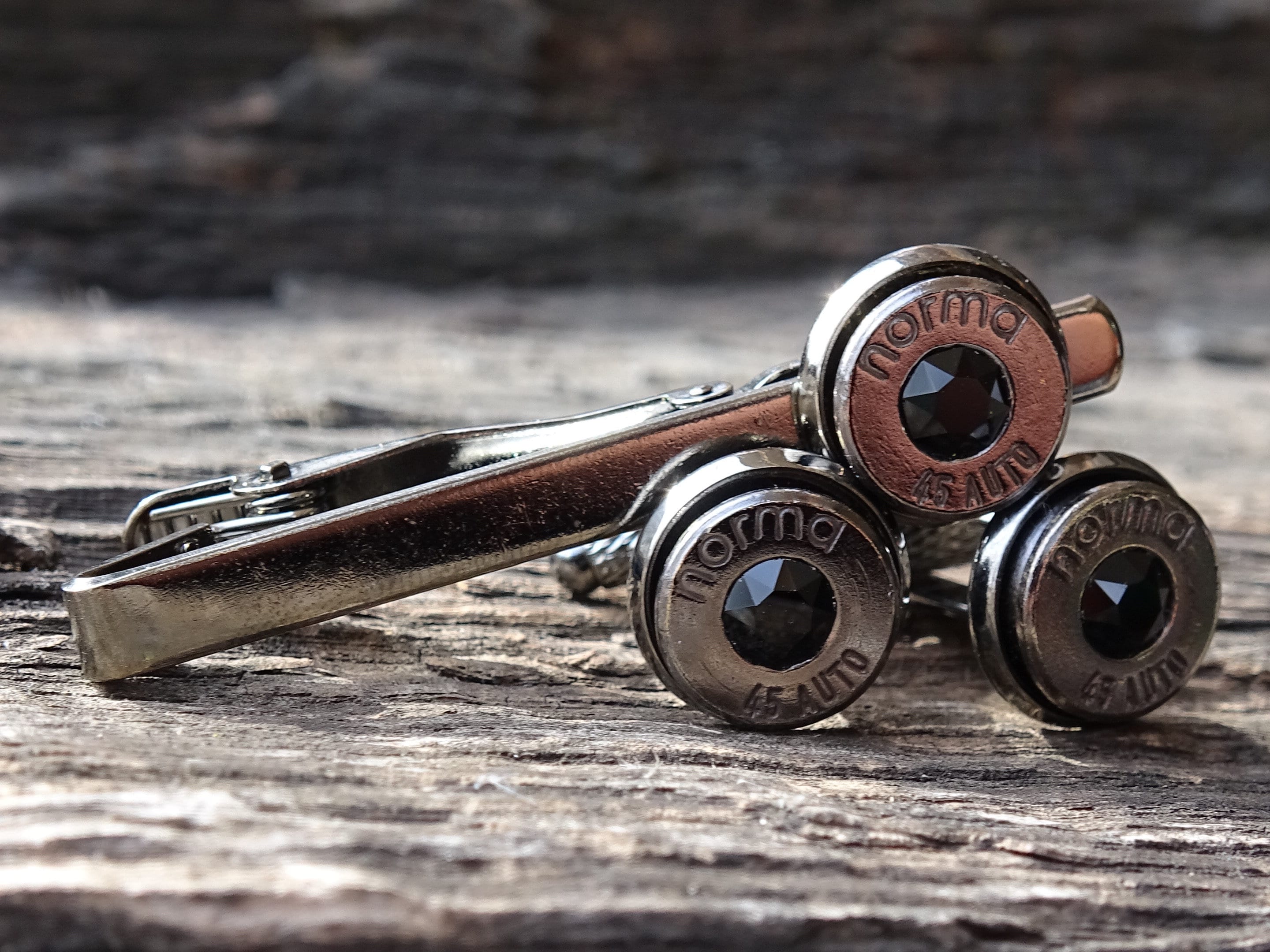 Bullet cufflinks & tie clip set gun metal onyx (etsy image id: 5815793602)