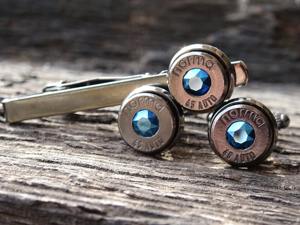 Limited edition Bullet cufflinks & tie clip set gun metal metallic blue (etsy image id: 5815807642)