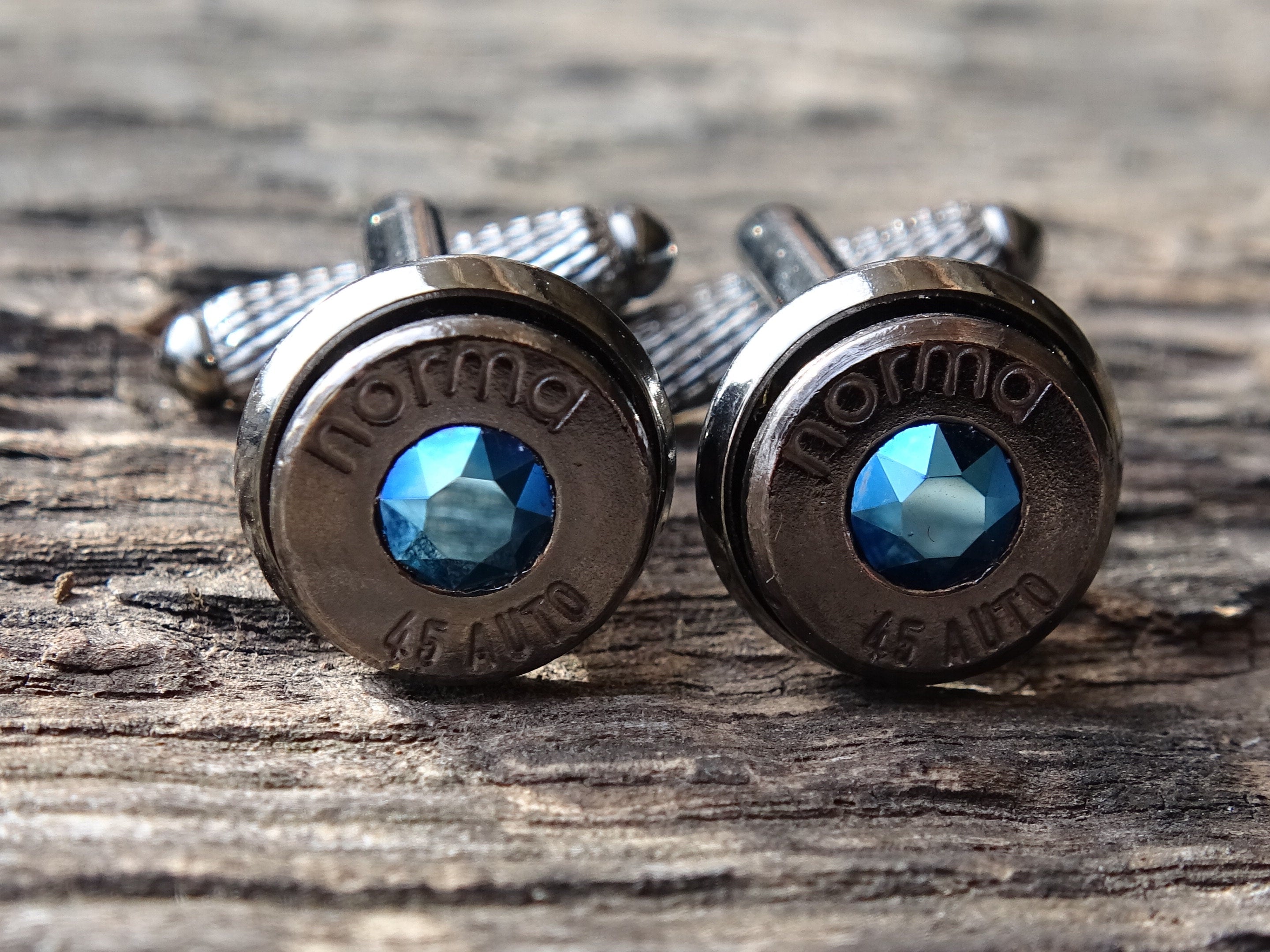 Limited edition Bullet cufflinks .45 ACP gun metal metallic blue (etsy image id: 5815815096)