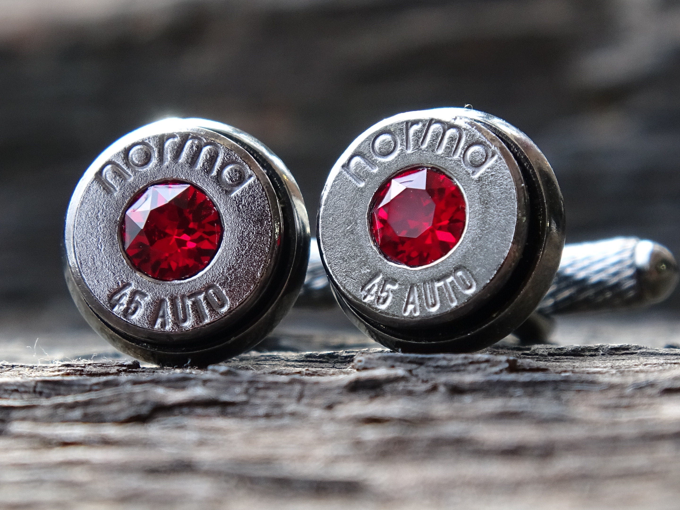 Bullet cufflinks .45 ACP gun metal garnet (etsy image id: 5863610047)