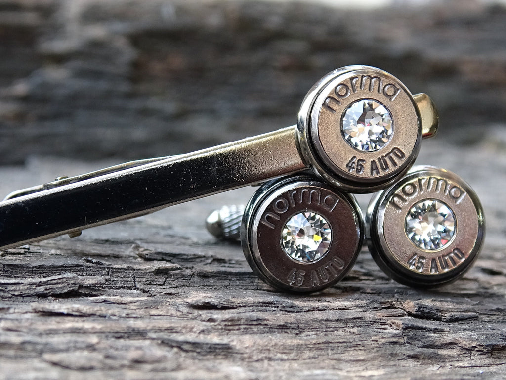 Bullet cufflinks & tie clip set gun metal garnet (etsy image id: 5863633439)