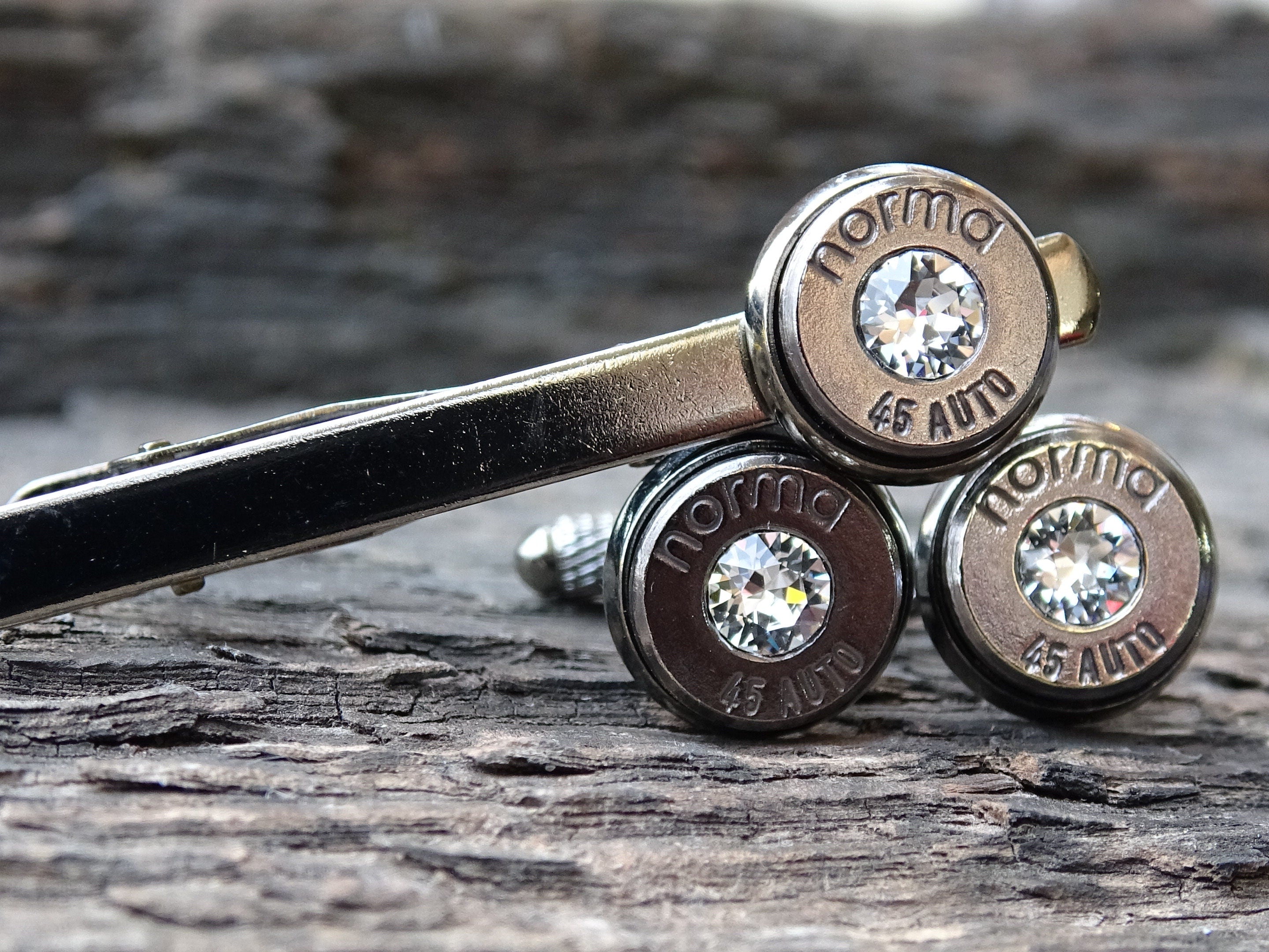 Bullet cufflinks & tie clip set gun metal garnet (etsy image id: 5863633439)