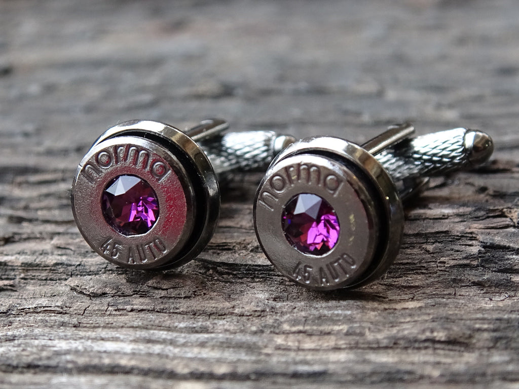 Bullet cufflinks & tie clip set gun metal amethyst (etsy image id: 5863653665)
