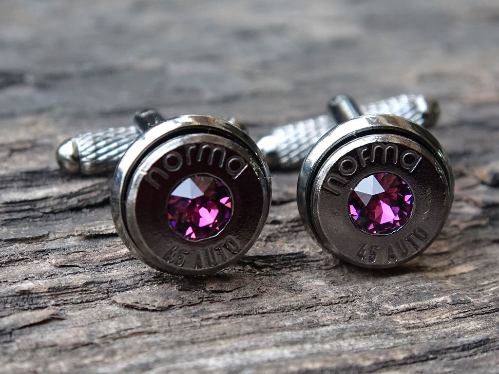 Bullet cufflinks & tie clip set gun metal amethyst (etsy image id: 5863653855)