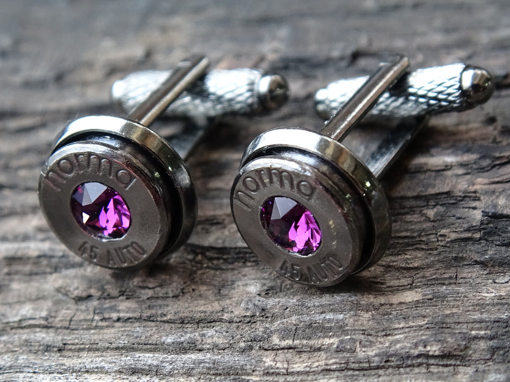 Bullet cufflinks & tie clip set gun metal amethyst (etsy image id: 5863654017)