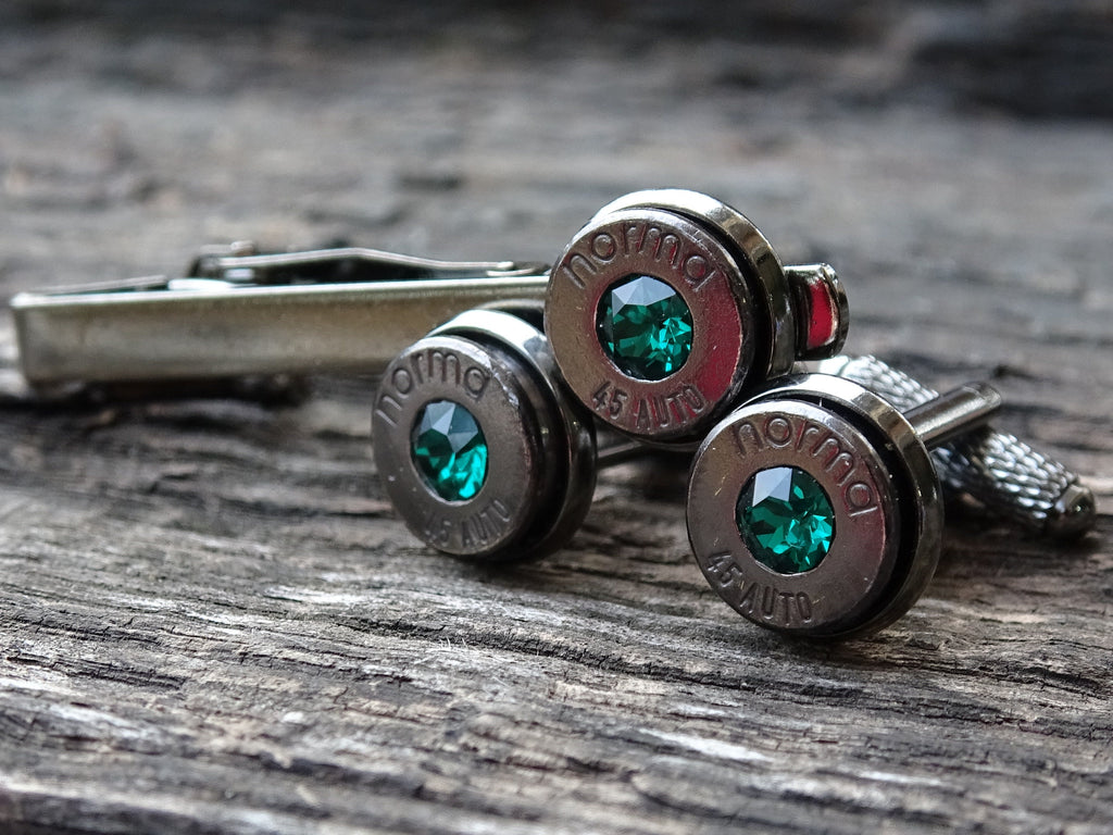 Bullet cufflinks & tie clip set gun metal emerald (etsy image id: 5863680165)