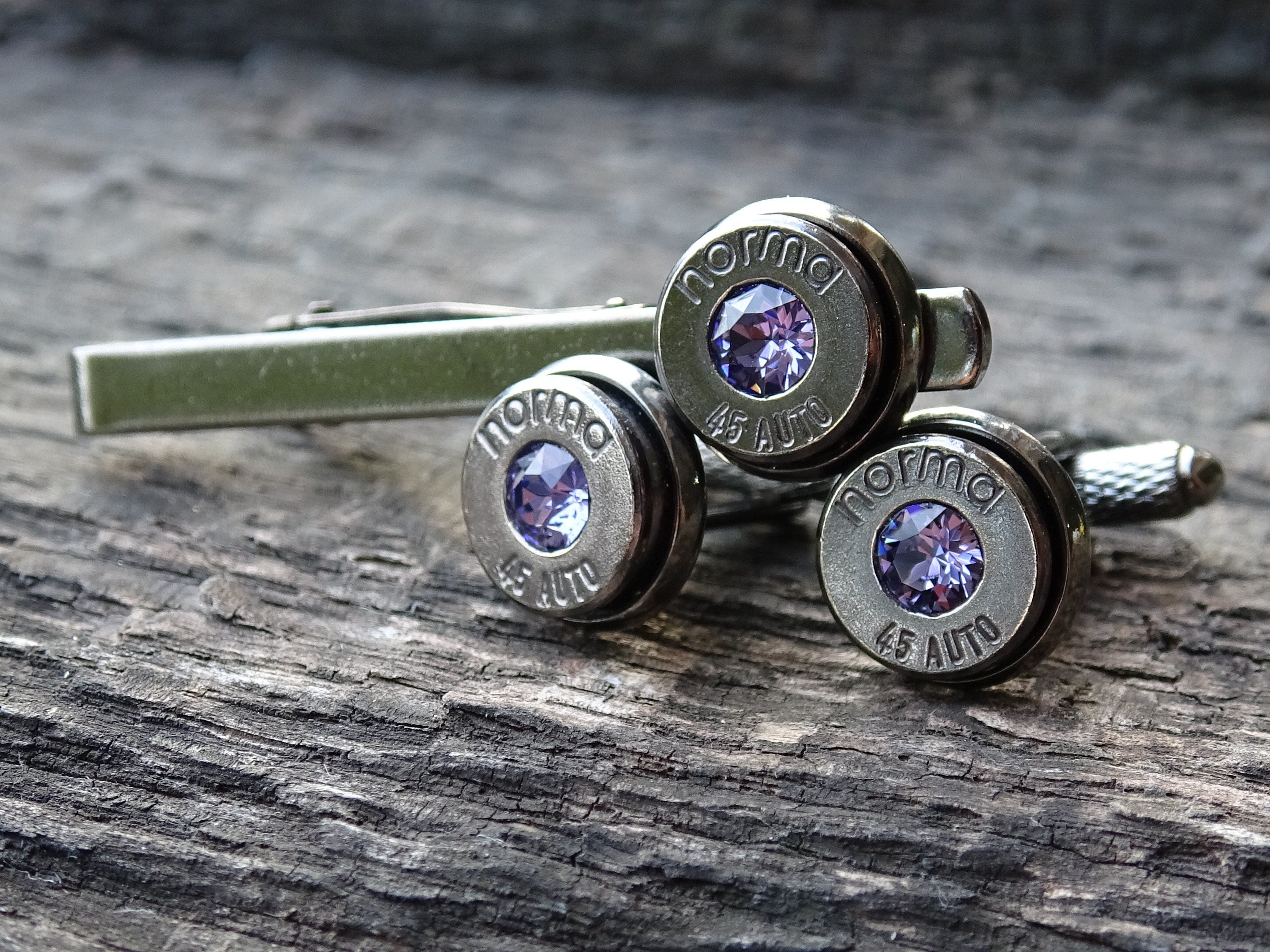 Bullet cufflinks & tie clip set gun metal tanzanite (etsy image id: 5863714763)