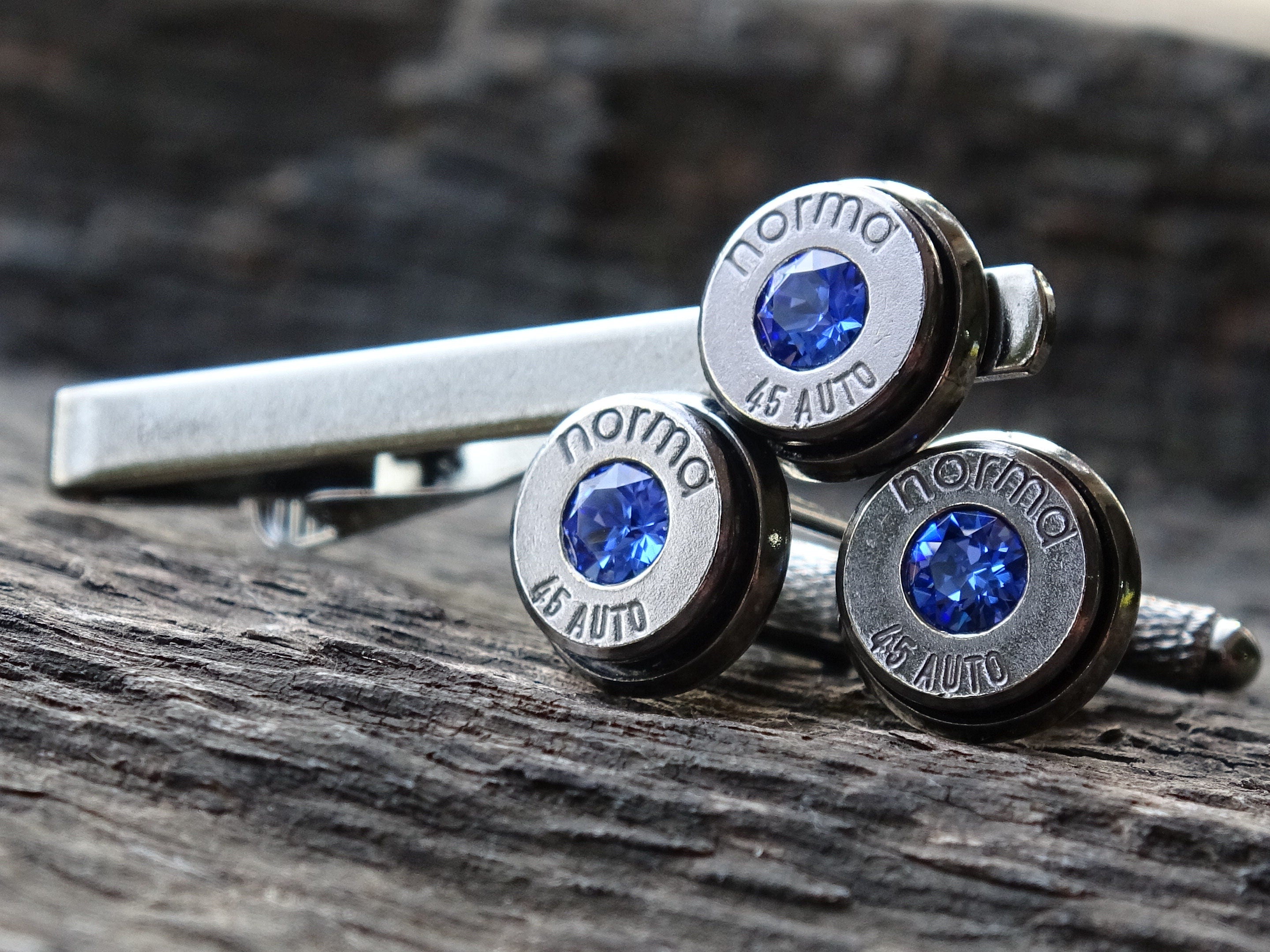 Bullet cufflinks & tie clip set gun metal sapphire (etsy image id: 5863775597)