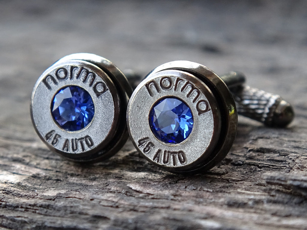 Bullet cufflinks .45 ACP gun metal sapphire (etsy image id: 5863785331)