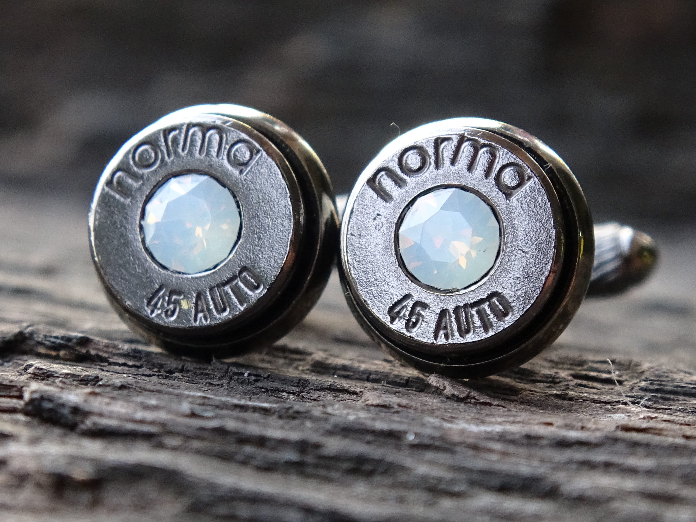 Bullet cufflinks .45 ACP gun metal opal (etsy image id: 5863804501)