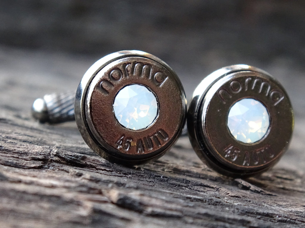 Bullet cufflinks .45 ACP gun metal opal (etsy image id: 5863804677)