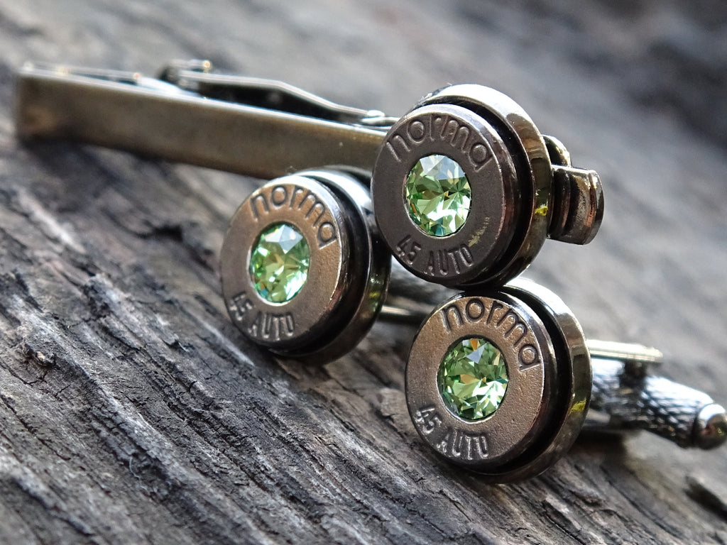 Bullet cufflinks & tie clip set gun metal peridot (etsy image id: 5863813111)