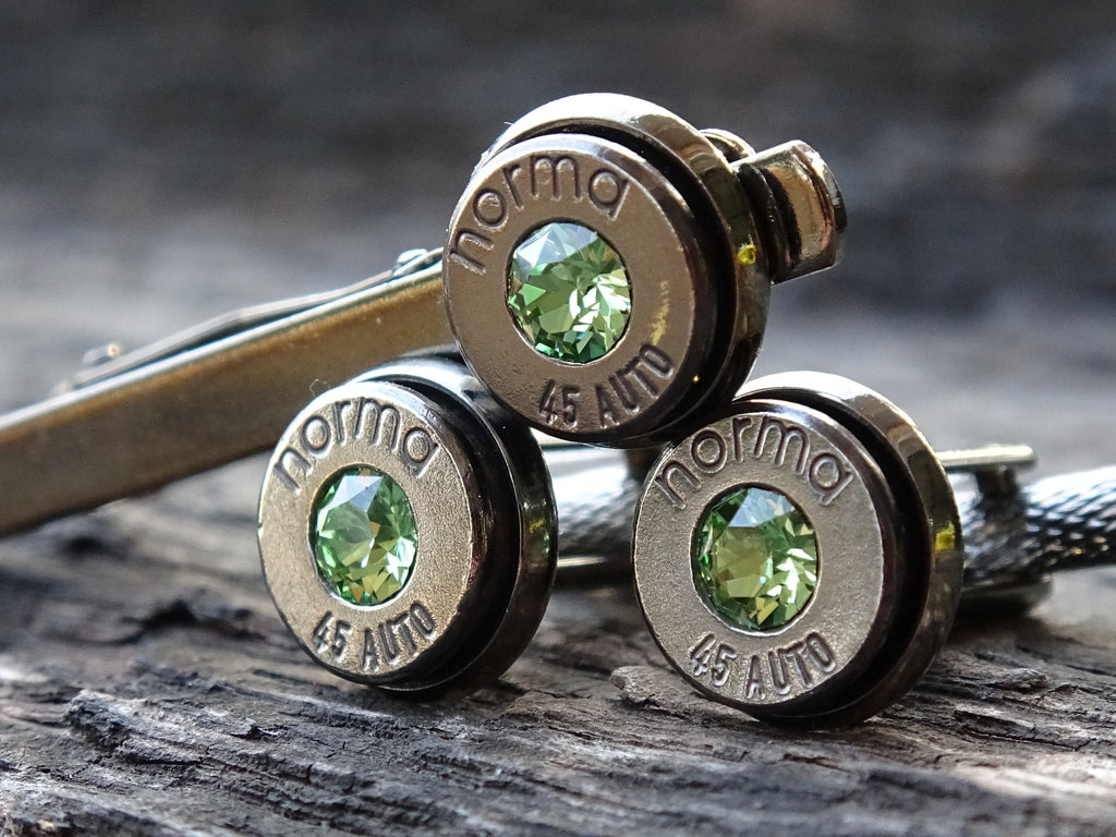 Bullet cufflinks & tie clip set gun metal peridot (etsy image id: 5863813275)
