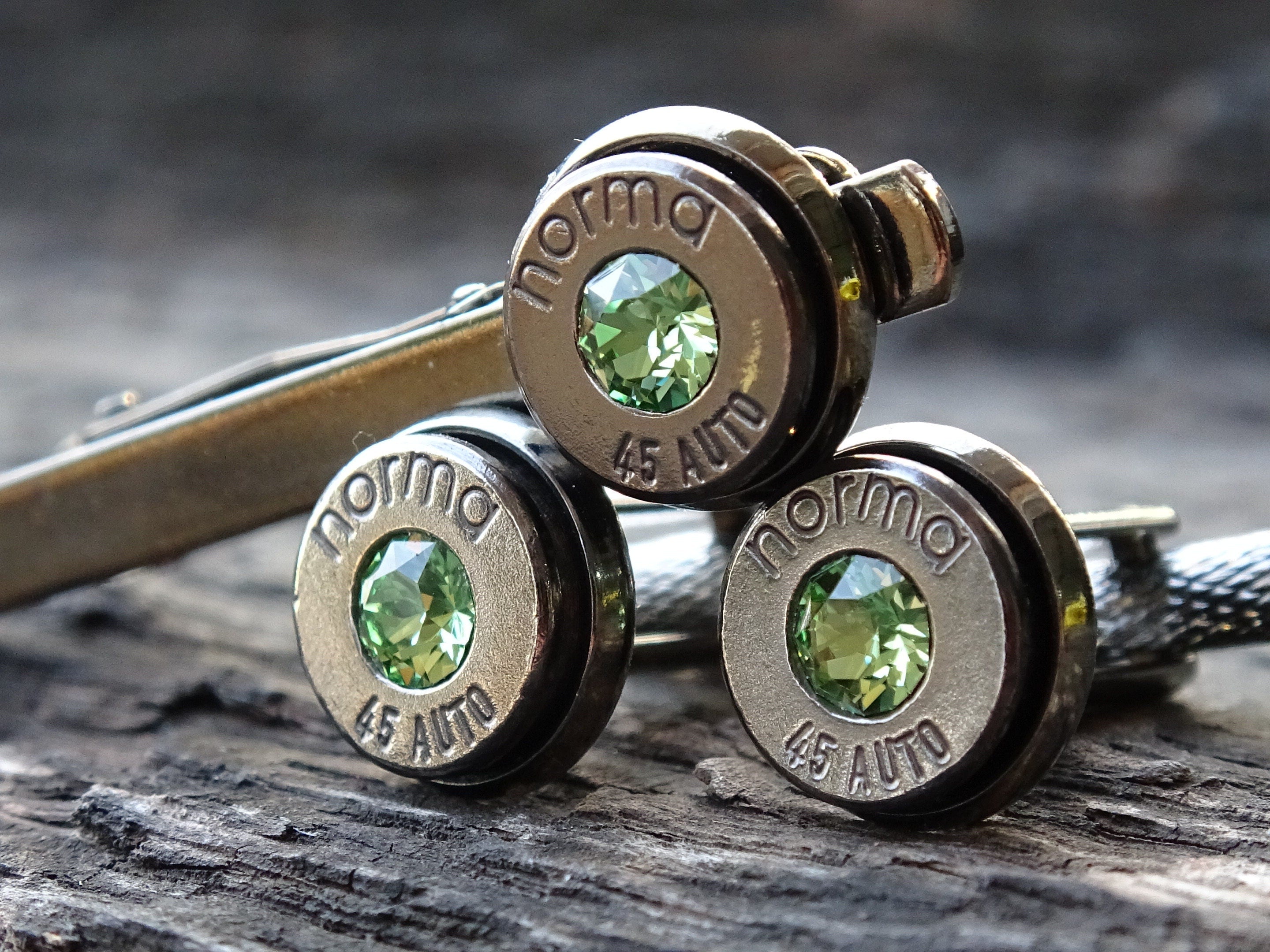 Bullet cufflinks & tie clip set gun metal peridot (etsy image id: 5863813275)