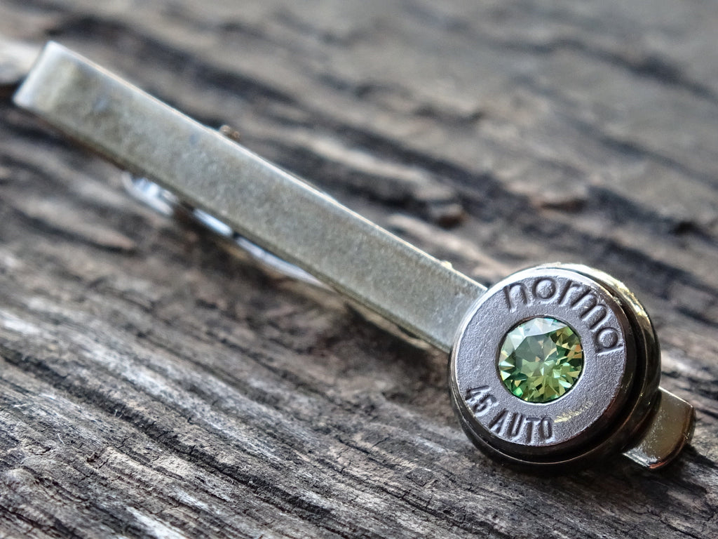Bullet cufflinks & tie clip set gun metal peridot (etsy image id: 5863814219)
