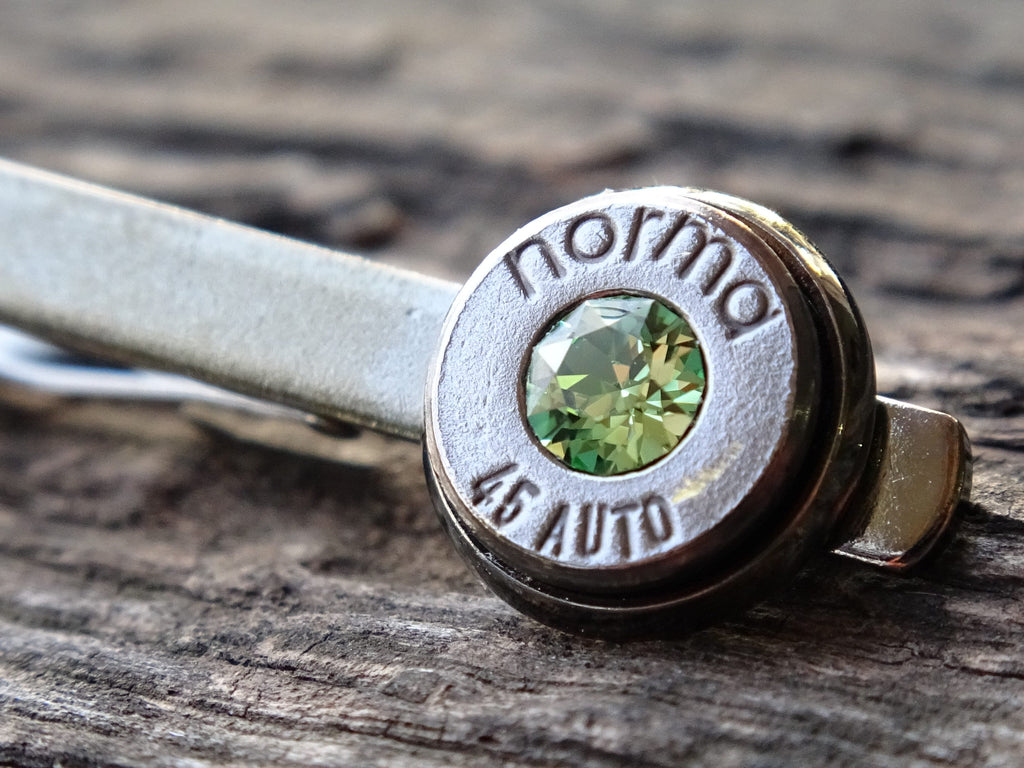 Bullet tie clip .45 gun metal peridot (etsy image id: 5863824233)