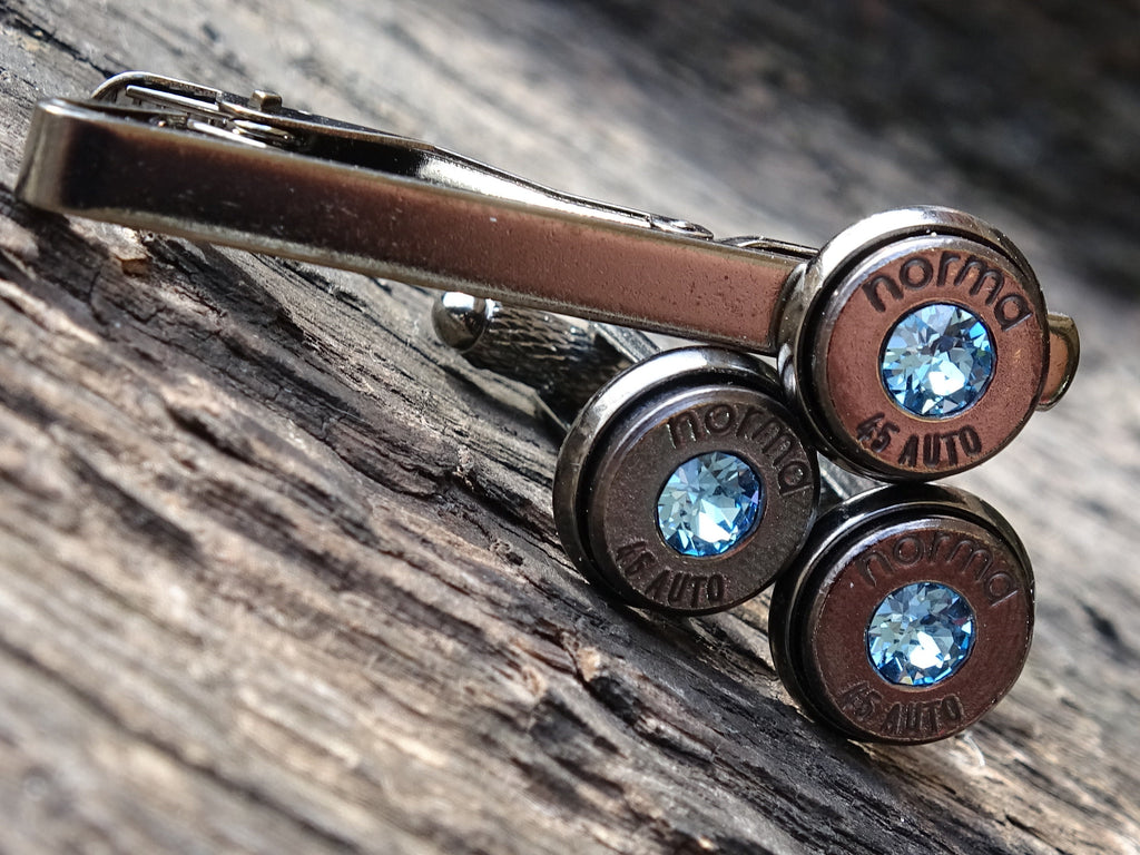 Bullet cufflinks & tie clip set gun metal aquamarine (etsy image id: 5863829219)