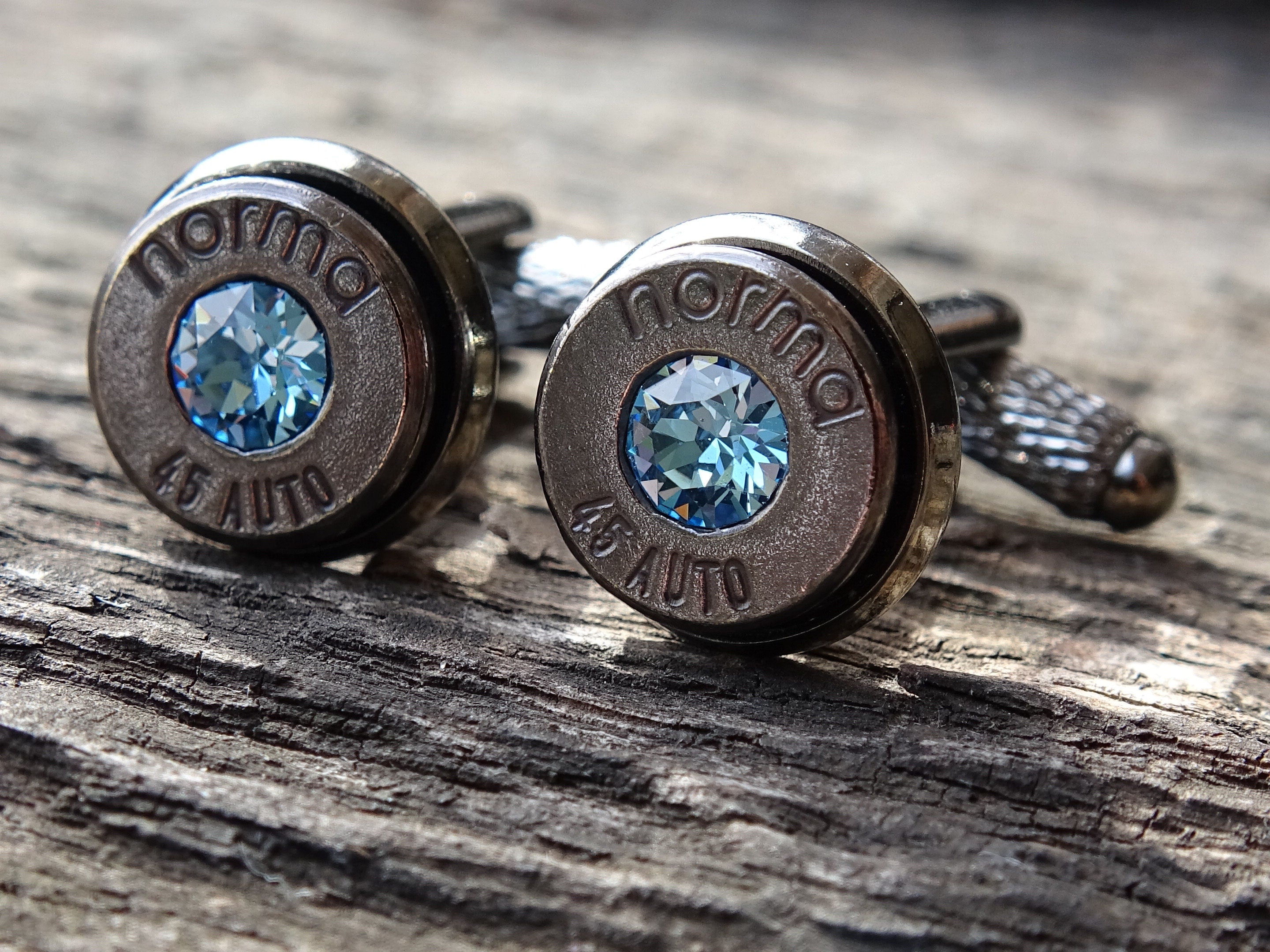Bullet cufflinks & tie clip set gun metal aquamarine (etsy image id: 5863829769)