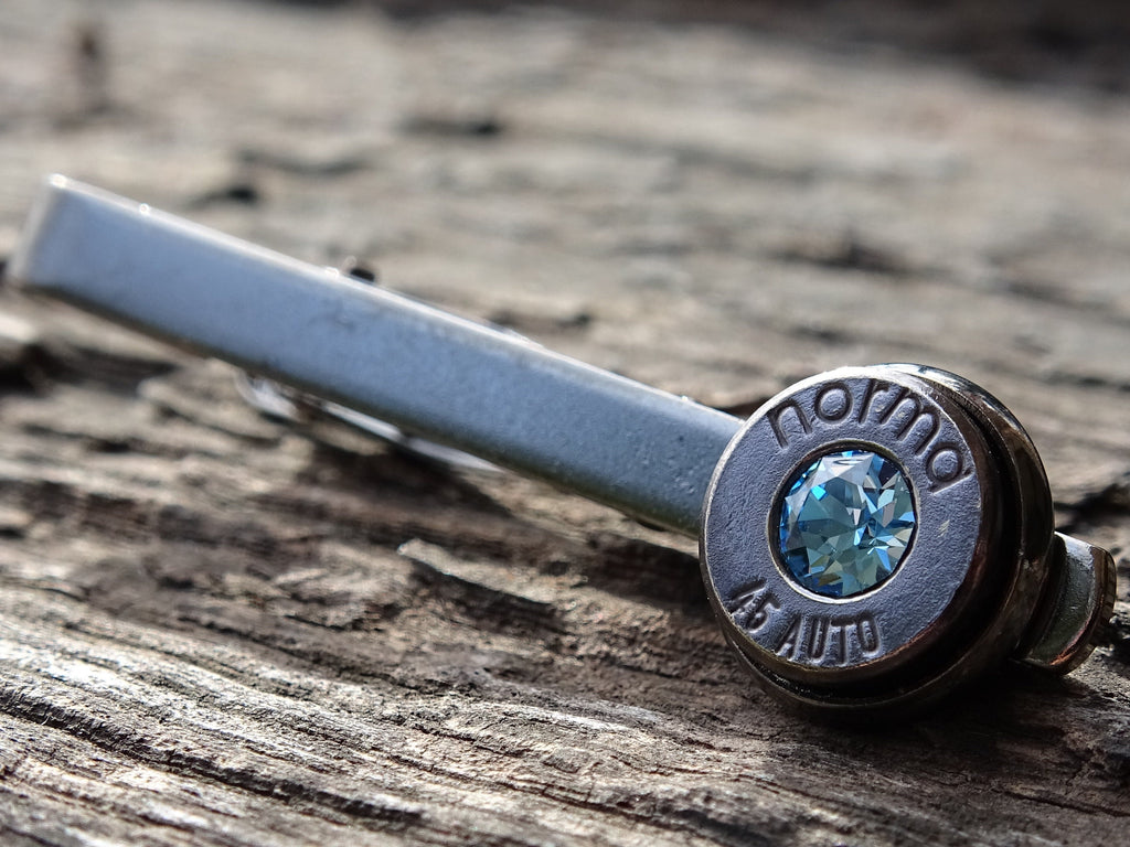Bullet cufflinks & tie clip set gun metal aquamarine (etsy image id: 5863830945)