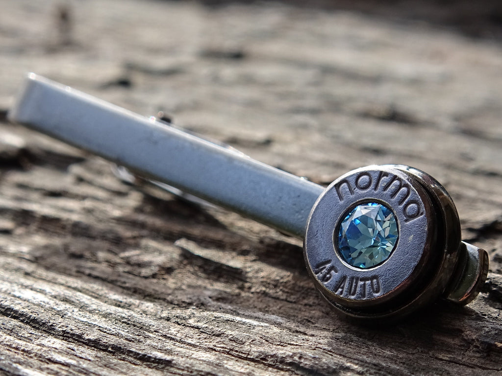Bullet cufflinks & tie clip set gun metal aquamarine (etsy image id: 5863831139)