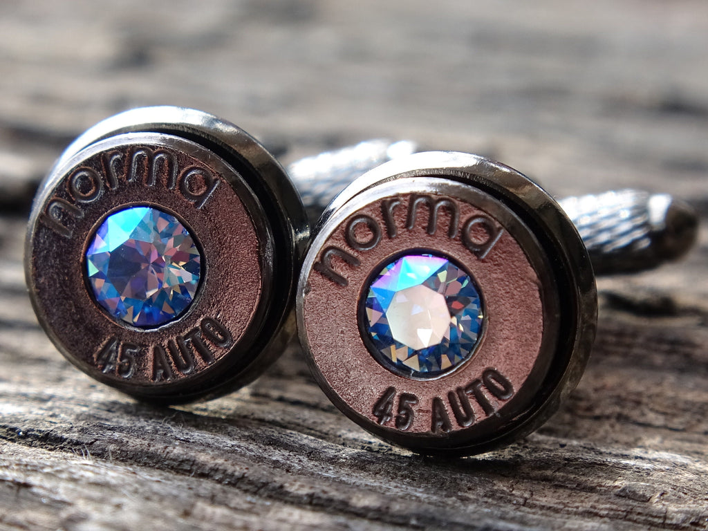 Limited edition Bullet cufflinks .45 ACP gun metal sapphire shimmer (etsy image id: 5863862161)