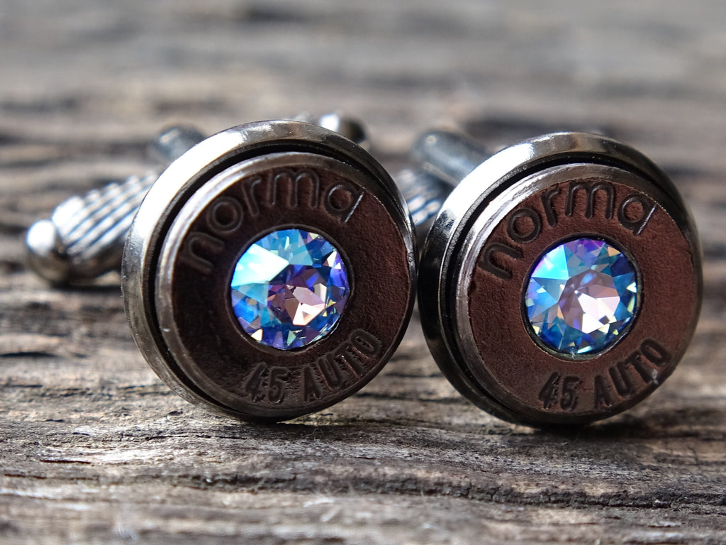 Limited edition Bullet cufflinks .45 ACP gun metal sapphire shimmer (etsy image id: 5863862323)