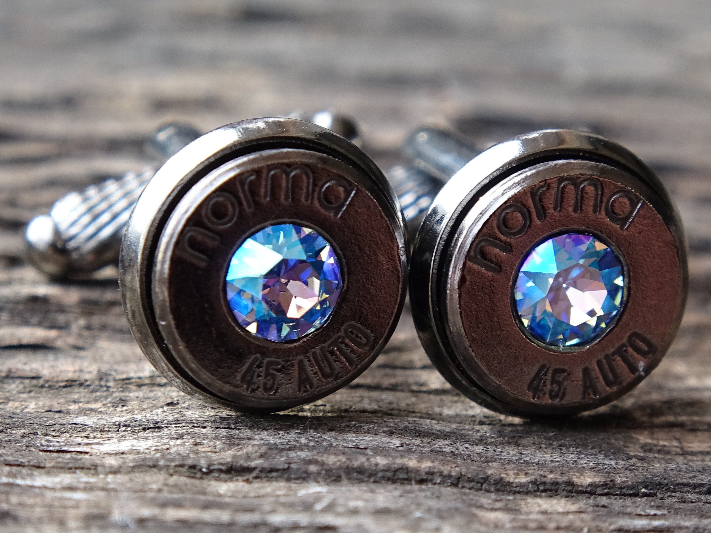 Limited edition Bullet cufflinks .45 ACP gun metal sapphire shimmer (etsy image id: 5863862323)