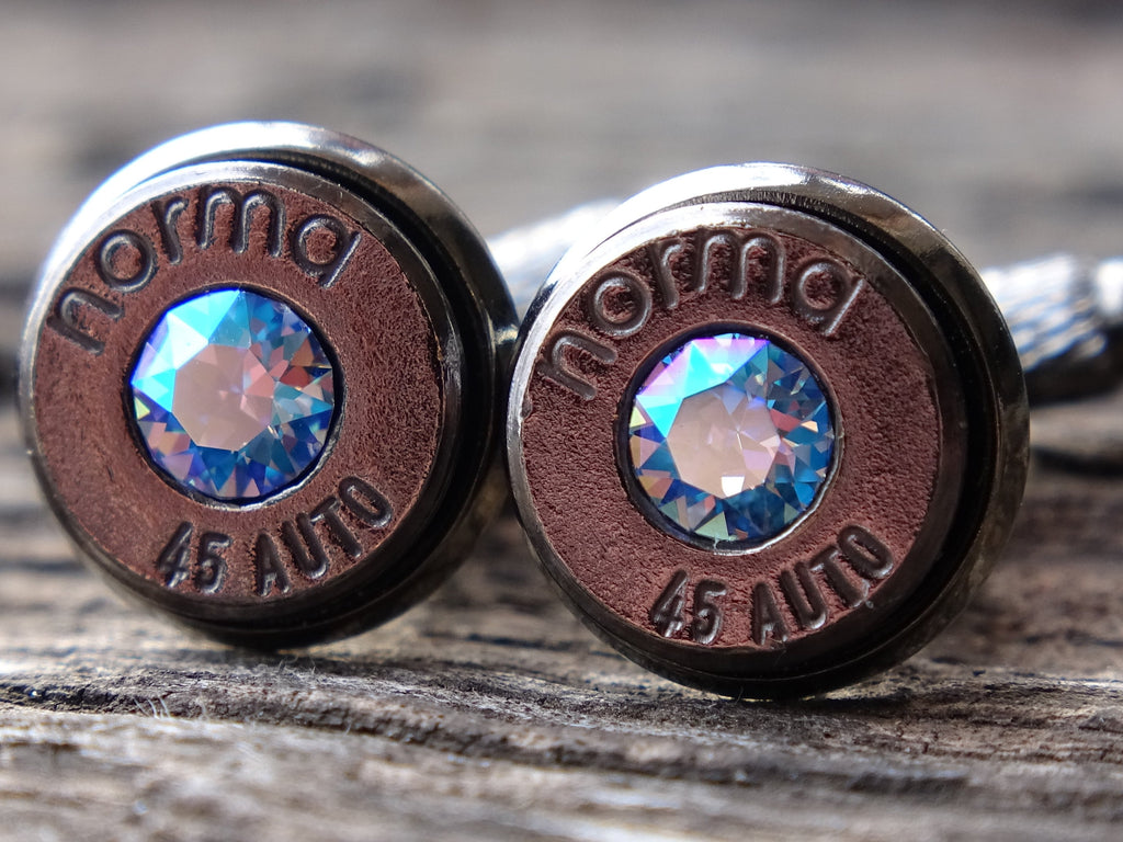 Limited edition Bullet cufflinks .45 ACP gun metal sapphire shimmer (etsy image id: 5863862521)