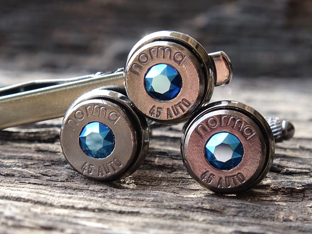Limited edition Bullet cufflinks & tie clip set gun metal metallic blue (etsy image id: 5863892289)