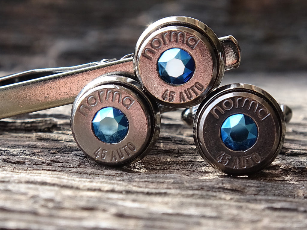 Limited edition Bullet cufflinks & tie clip set gun metal metallic blue (etsy image id: 5863892695)